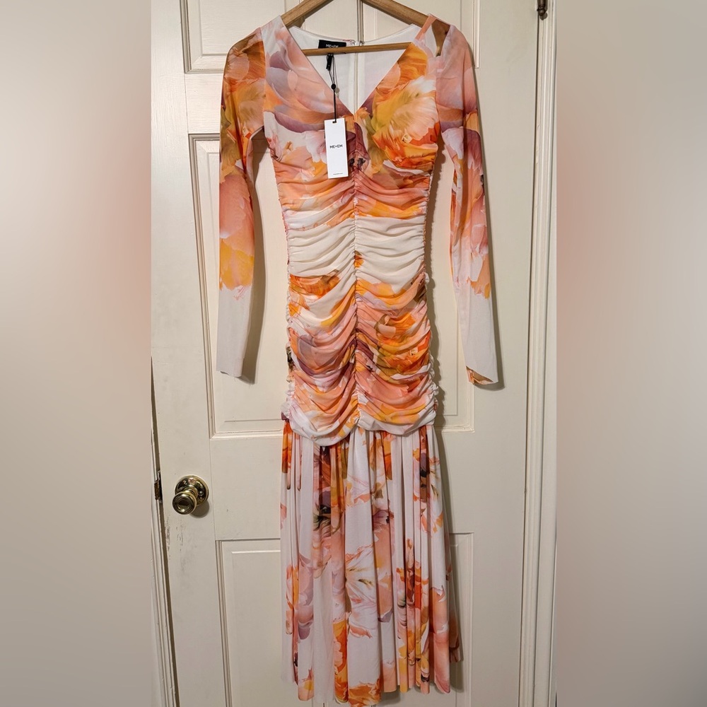 NWT ME+EM Floral Long Sleeve Ruched Dress